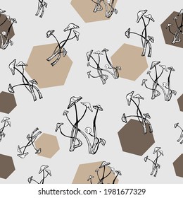Drawn mushrooms. Seamless pattern for your backgrounds Graphic design with typography, strokes, dots. Linear art style. Horizontal poster, postcard, header for website.