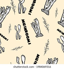 Drawn mushrooms. Seamless pattern for your backgrounds Graphic design with typography, strokes, dots. Linear art style. Horizontal poster, postcard, header for website.