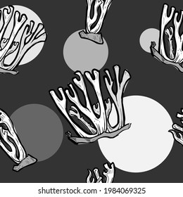 Drawn mushrooms. Seamless pattern for your backgrounds Graphic design with typography, strokes, dots. Linear art style. Horizontal poster, postcard, header for website.