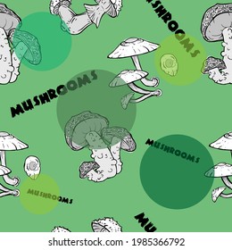 Drawn mushrooms. Seamless pattern for your backgrounds Graphic design with typography, strokes, dots. Linear art style. Horizontal poster, postcard, header for website.