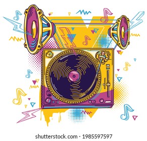 Drawn musical retro turntable sound system colorful graffiti 