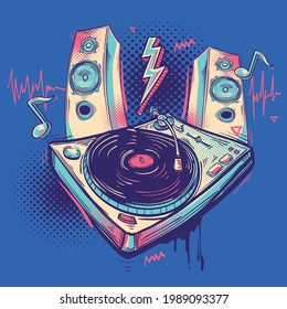 Drawn musical retro turntable sound system colorful graffiti 