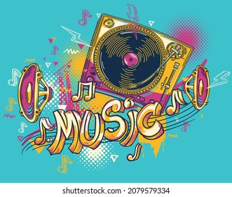 Drawn musical retro turntable sound system colorful graffiti 