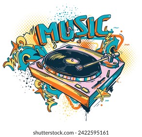 Drawn musical turntable  and funky graffiti arrows, colorful music design