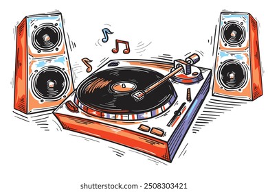 Drawn musical turntable with loudspeakers, colorful music design