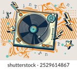 Drawn musical turntable vinyl record player on graffiti-styled background, colorful music design