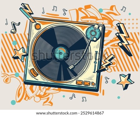 Drawn musical turntable vinyl record player on graffiti-styled background, colorful music design