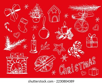 Drawn New Year's doodle. Christmas. Winter holidays. Christmas decor elements. Card. Gift. Winter. December. Christmas tree. Fireplace. Christmas sketch.
