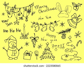 Drawn New Year's doodle in vector format. New Year. Christmas. Winter holidays. Garland. Snowman. Christmas tree. America. Happy New Year. American traditions.