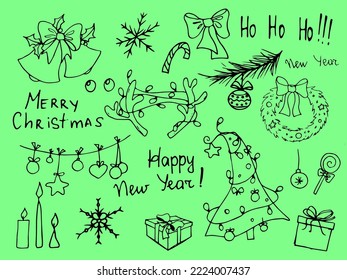 Drawn New Year's doodle in vector format. New Year. Christmas. Winter holidays. Garland. Snowman. Christmas tree. America. Happy New Year. American traditions.