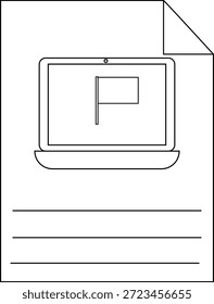 Un cuaderno dibujado muestra un portátil con una pantalla de bandera y líneas para notas en la página
