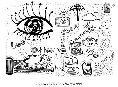 Drawn objects photographer. Sketches cameras, tripod, clouds, eyes, etc. for use in the design of logos, posters, packaging, wrappers and your other goals.