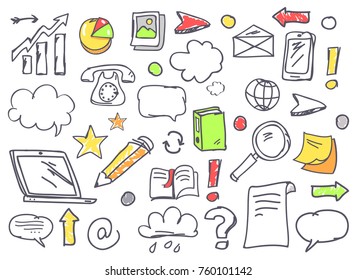 Drawn office theme icons with smartphone telephone, laptop and pencil, bar graph, book and pie chart. Vector illustration isolated on white background