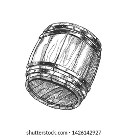 Drawn Old Oak Wooden Barrel For Beverage Vector. Traditional Barrel For Production, Storage And Delivery Whiskey. Closeup Equipment Of Distillery Plant Container Monochrome Cartoon Illustration