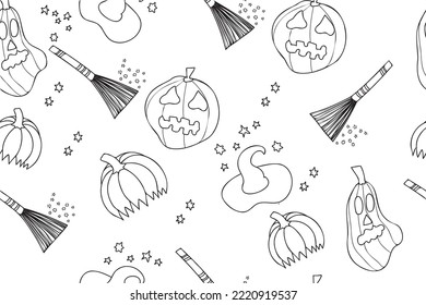 It is drawn on a canvas, a broom and a hat with a black outline, it is intended for Halloween, fabric printing, card, coloring and you can use it in different occasions.