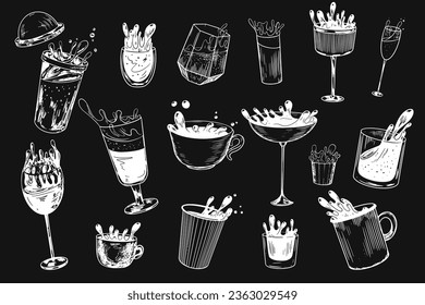 Drawn on chalkboard cup of spilled coffee. Different spilled drinks. Splash of wine, tea, cocktail, whiskey. Alcoholic drinks with splash. Beverage drawing with hatching. Sketch style drinking glasses