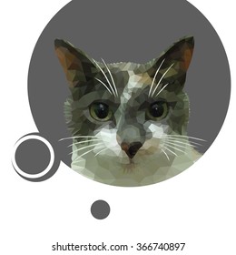 the drawn one head of a cat in a manner a triangulation on a gray background
