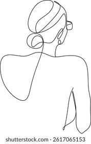 Drawn in one line, an elegant portrait of a woman with her back turned.  The drawing was drawn by hand without artificial intelligence