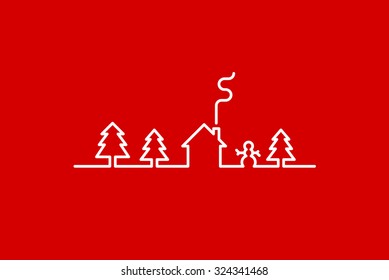 Drawn with one line fir trees, house and snowman. White line on red background
