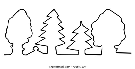Drawn with one line trees in forest