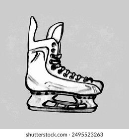 Drawn one skates for skating on ice in doodle style. Side view. Hand drawn hockey equipment. Clipart. Isolated vector element on white background.