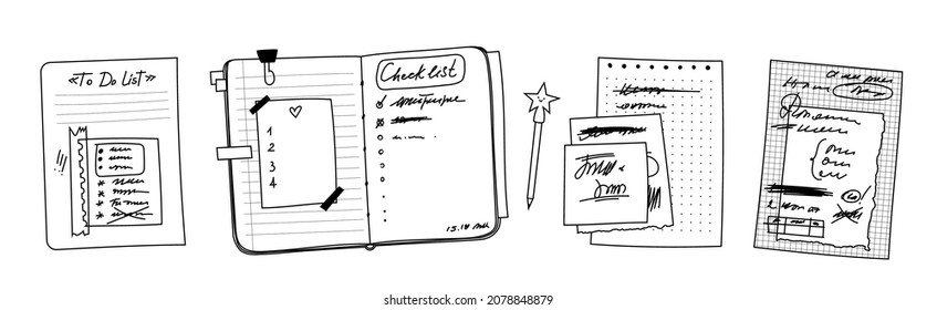 Drawn open notebook, doodle sheets with notes. Clip-in diary bookmarked pages, fun star pen. Sheets in a hole and in a box, covered with abstract text. Vector illustration isolated.