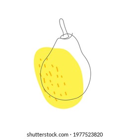 drawn outline of a pear in one line on a yellow spot background with orange strokes on a white background