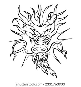 Drawn with Paintbrush Dragon Head Silhouette. Chinese Dragon New Year. Black and white Traditional Japanese Dragon with Fire. Cartoon style vector illustration.