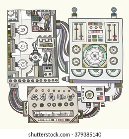 Drawn and painted decorative elements in the style of steampunk.