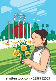 Drawn and painted image traced in vector illustration with a girl is celebrating international mother language day by offering flowers in hand.