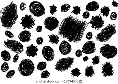 Drawn painted marker chaotic scribble black big set. Universal elements for design
