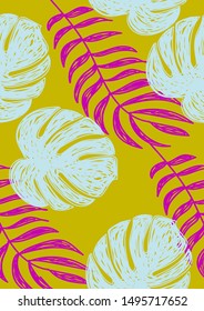 Drawn Palm And Monstera Leaves Tropical Seamless Pattern. Palm And Monstera Tropical Miami Style Background.
