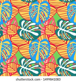 Drawn Palm And Monstera Leaves Tropical Seamless Pattern. Palm And Monstera Tropical Miami Style Background.