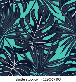 Drawn Palm And Monstera Leaves Tropical Seamless Pattern. Palm And Monstera Tropical Miami Style Background.
