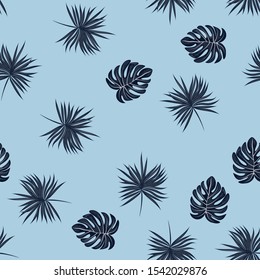 Drawn Palm And Monstera Leaves Tropical Seamless Pattern. Palm And Monstera Tropical Miami Style Background.