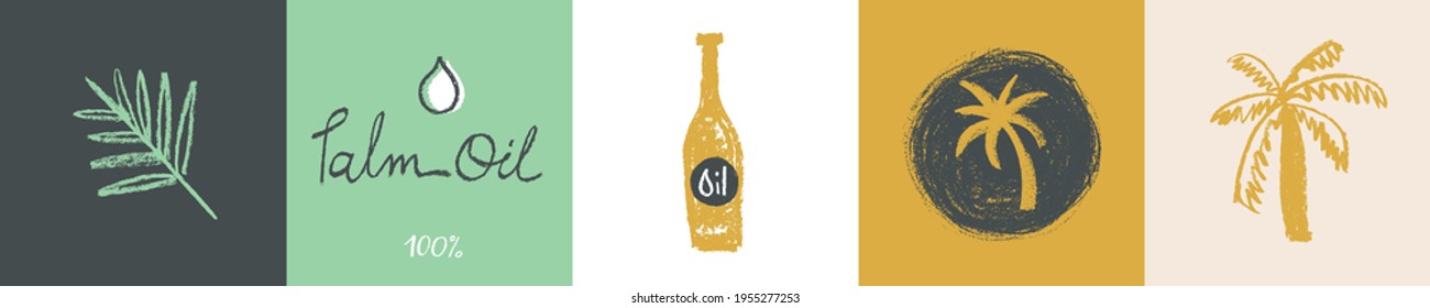 Drawn Palm tree illustration for Virgin Red Palm Oil and label natural organic cosmetics. Isolated vector logo template of Palm Oil with pastel textured effect. Green sign. Palm oil bottle.