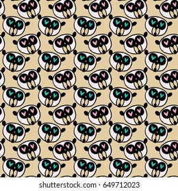 Drawn panda face colorful background. Seamless cartoon wallpaper. Doodled childish seamless texture.