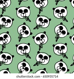 Drawn panda face colorful background. Seamless cartoon wallpaper. Doodled childish seamless texture.