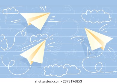 Drawn paper airplanes and clouds on blue background. Banner for 