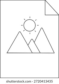 A drawn paper featuring mountains a sun and a folded corner detail