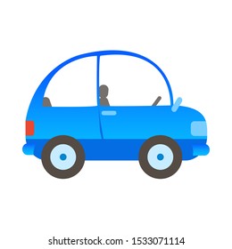 Drawn passenger car in blue without people. Vector isolated illustration in cartoon style. Side view.