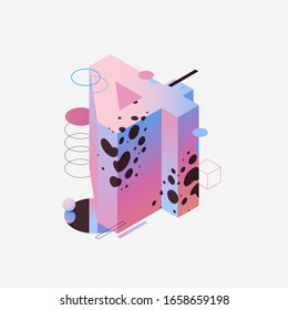 Drawn in pastel pink and blue colors isometric number 4 decorated with geometric shapes and textures. Isolated on white background vector collection element