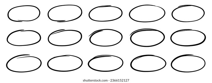 Juego oval de la línea de la pluma dibujada. Marco ovalado de doodle de estilo de trazo de marcador dibujado a mano. Dibujar marco redondo para resaltar texto. Conjunto de estilo de arañazos. Ilustración del vector
