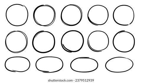 Drawn pen line oval set. Hand drawn marker stroke style doodle oval frame. Scribble round frame for text highlight. Grunge scratch style set. Vector illustration
