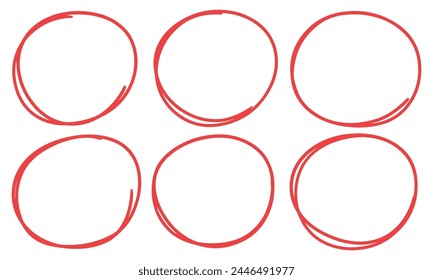 Drawn pen line oval set. Hand drawn marker stroke style doodle oval frame. Scribble round frame for text highlight. Vector illustration set.