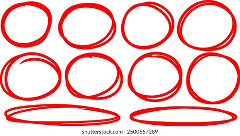 Conjunto ovalado de línea de lápiz dibujado. Marcador dibujado a mano estilo de trazo doodle marco ovalado. Garabatear marco redondo para resaltar texto.