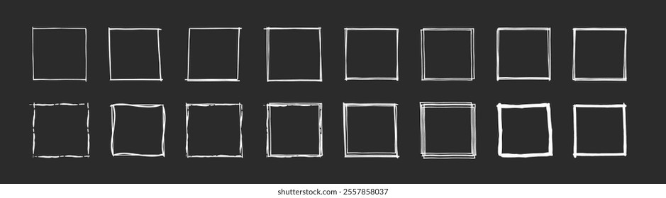 Drawn pen line square set. Frames line in hand drawn style. Vector illustration set.