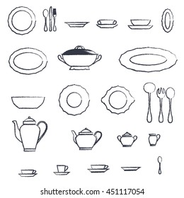 Drawn pencil set of kitchen utensil and collection of tableware illustration.