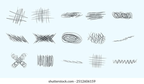 Drawn pencil underlines. Scribble lines. Doodle drawing. Pencil strokes. Hand drawing. Charcoal graffiti. Isolated on blue background	
