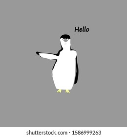 The drawn penguin is glad to see and welcomes, raising one wing up. Hello. Gray background
